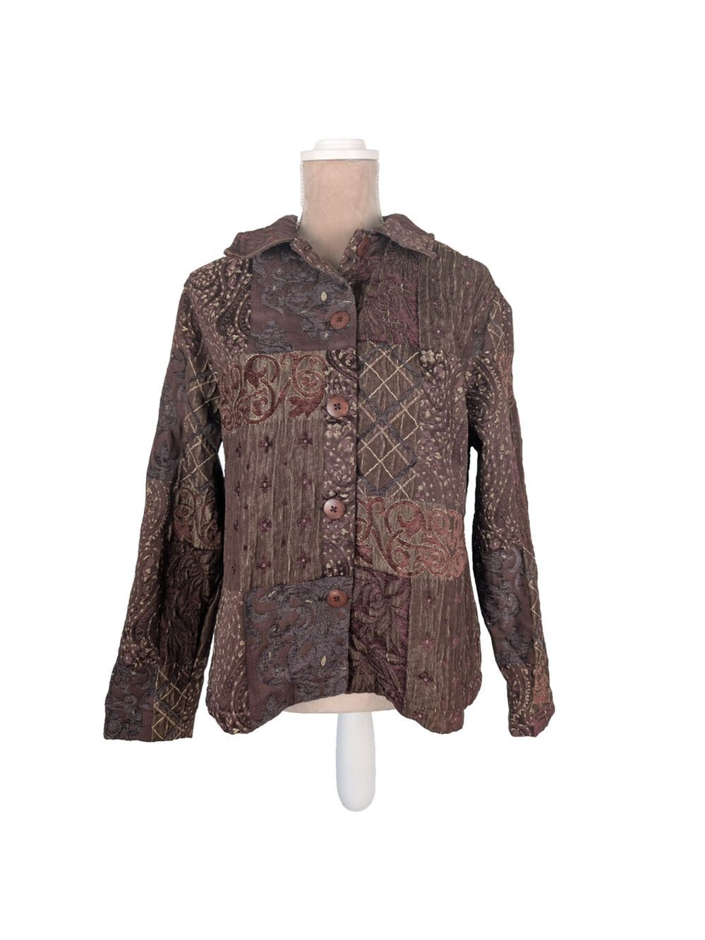 Coldwater Creek Jacket Patchwork Textured Brocade Sz L Burgundy Victorian Art